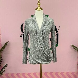 Tahari Heather Gray Draped Surplice Long Sleeve Top